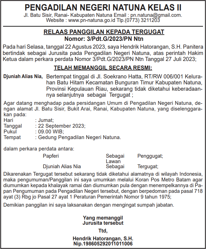 Relaas Panggilan Kepada Tergugat (Nomor 3/Pdt.G/2023/PN Ntn)
